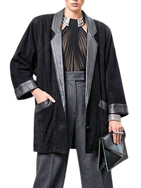 Vintage 80s 90s Lindzon black suede leather power shoulder oversized car coat 6